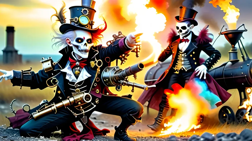 Prompt: Illustrate a steampunk and gothic scene at dawn background luciferin immolation with an Italian 14th century steampunkesque ghoul jester prince in a battlefield, engaging in elegant combat, featuring multicolor luciferin for illustrative purposes, depicting the residual magic which begets blunderbuss’ power and muzzle flash, and the reason face paint exaggerates emotions