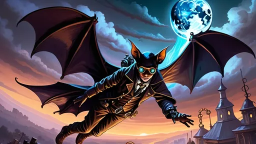 Prompt: Within arcane realms,  
Anthropomorphic bat-bodied figures glide,  
Unfurled wings sweeping through twilight skies.  
In the heart of the commune, amidst steampunk wonders,  
Three bat boys embark on a daring adventure.
Clutching a crystal ball  
Its vivid world encapsulated within,  
A steampunk elder reflects,  
Embracing the ethereal with knowing eyes.  
Trompe L'oeil’s whispered spell,  
Warlock's alchemy, and ancient intrigues guide them. Prehensile devil fleshy arrowhead shaped tail tips
Luciferin hues dance in the air,  
Psychedelic flames casting an otherworldly glow,  
Smoke weaving mystical tales of yore.  
The boys, undeterred, stop and have full steampunk coffee service, milk art coffee break,  move forward,  
Their high-top sneakers, a blend of leather and copper,  
Pounding the rugged terrain with determined strides.
Amidst the expansive panorama,  
Nature's flame essence glows,  
Revealing the fantasy world unfolding.  
Each step brings new perils,  
Each flutter of their wings a brush with fate.
High above, the stars bear silent witness,  
To their bravery and camaraderie,  
In the face of overwhelming odds.  
Bound by duty and a brotherhood unspoken,  
They carve their path through the heart of the commune,  
Their journey just beginning in this steampunked twilight.
With enhanced fingers tracing ancient maps,  
Expressive eyes searching for the next clue,  
They press forward into the unknown,  
Their bond a beacon in a world fraught with danger.  
Through the shimmering veil of smoke and flame,  
The adventure of three bat boys,  
Against all odds,  
Continues into the night.