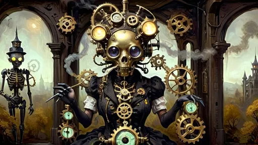 Prompt: Anthropomorphic
Sentient technological
Steampunkesque, ghoulish
In eldritch machine
Gears entwined with bone do creak
Specter of brass reigns
Blunderbuss of dread
Phosphorescent gleam ignites
Sinister light glows
Gothic spires crumble
Smoggy tendrils coil in gloom
Clockwork mists enshroud
Ethereal brass forests
Steam hums through shadows
Lanterns cast divine
Machinery’s holy light
Hope mingles with dread
Victorian cogs
Clash with demonic gears
Salvation’s struggle
Wings of copper gleam
Reach towards celestial brass
Figures in conflict
Steam-driven phantoms
Eyes aglow in iron mist
Haunt faded visions
Metal trees twist, writhe
Surreal grotesques dance, contort
Symbols darkly gleam
Mesmeric tableau
Serenity meets the void
Steampunk’s haunted grace
Warm brass kisses cold
Ominous steel’s embrace tight
Worlds in balance hang
Salvation, perdition
Machined, organic entwine
Sinisterly Gleam
Celestial gears turn
In limbo’s ethereal haze
Forests breathe in steam