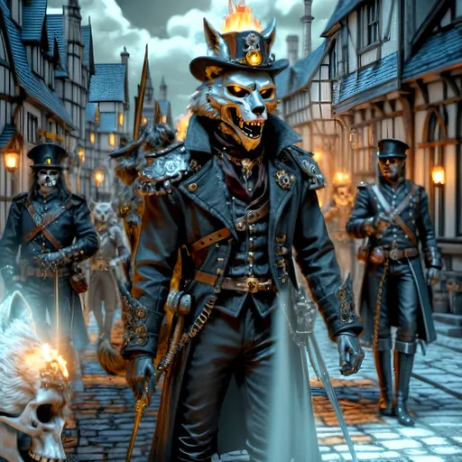 Prompt: Ball of musketeers,
Steampunk twist joins old valor,
King's guard fierce and true.
Gallant swordsmen three,
Guardian's cry heard aloud,
Innovative blend.
Amid cobblestone,
Steampunkesque technology
Anthropomorphic
Crossbow, fur coat veiled,
Fox with torch and rifle bright,
Skull helm leads the pack.
Wolf holds skulls in grasp,
Lion mask shows bravery bold,
In dim, gothic light.
Gothic shadows near,
Beasts in armor, eyes alert,
Mystery follows