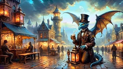 Prompt: A steampunk fantasy market square at dawn, filled with the warm glow of gaslight from antique lanterns casting soft light on cobblestone streets and shopfronts. The air is thick with mist and steam, creating an ethereal atmosphere. In the center stands 'Drag’n Mondays,' a coffee bistro adorned with ornate bronze and copper gears and pipes. Inside, antique carafes glisten in the early light. Felix, wearing a leather vest and brass-tinted Doc Martens, adjusts his brass goggles, glowing softly in the gaslight. Above, a translucent blue and copper spectral dragon hovers gracefully, breathing glowing mist as it serves coffee. Bioluminescent luciferin flowers dot the square, their soft glow mixing with pastel mists and warm hues. The scene is bathed in chiaroscuro lighting, creating dreamy depth and a magical, harmonious blend of fantasy and steampunk.