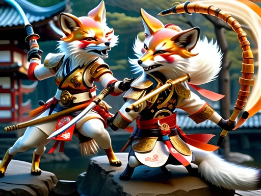 Prompt: Depict Cherry Kitsune, a graceful and fierce anthropomorphic fox warrior. She moves with fluidity and precision, wielding a traditional Japanese naginata. Her armor, detailed with copper and brass, blends Edo-period aesthetics with steampunk elements. The scene is illuminated by multicolor luciferin gradients, creating an ethereal glow in a Japanese dojo or battlefield."
- Style and Mood Tags: Cinematic lighting, fluid movement, traditional Japanese art style, ethereal glow, steampunk fusion