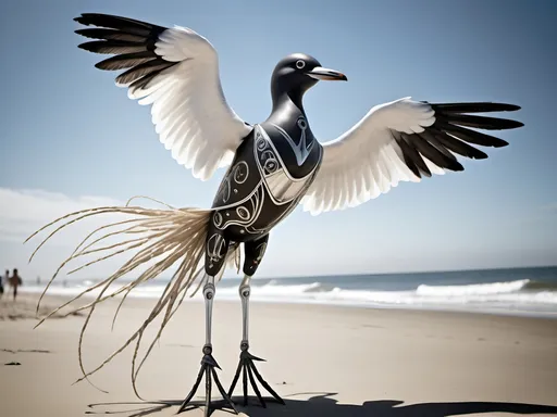 Prompt: Anthropomorphic 
Steampunkesque technology
Muscle bound seabird
---

Under morning sun,  
Seabird graces storied sands—  
Resplendent in form.

---

Elongated legs,  
Supple reeds in zephyrs’ dance—  
Sea's vast embrace calls.

---

Mischief in his eyes,  
Beachgoers’ toil unnoticed—  
Avian voyager.

---

Plumage tousled light,  
Saline breezes bring solace—  
Waves chant his essence.

---

Choreographed grace,  
Wings unfurled in ocean's song—  
Maestro of the shore.

---

Day's vibrant tableau,  
Delights of beachside revels—  
Laughter and salt tang.

---

Fellowship in skies,  
Airborne kin cavort above—  
Cerulean bond.

---

Muscle Beach's arena,  
For robust and brawny strength—  
Whimsical proscenium.

---

Stilts' realm of splendor,  
Statuesque limbs embrace waves—  
Effervescent spirit.
