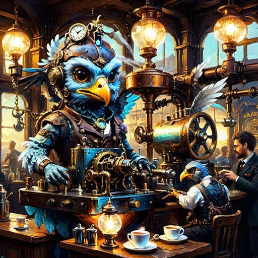 Prompt: A richly detailed steampunk café scene featuring an anthropomorphic falcon barista named Falco. He works with mechanical precision, his deep brown and copper feathers shimmering under brass chandeliers as he pulls espresso shots from a vintage steam-powered coffee machine. The café is adorned with polished brass gears, pistons, and intricate copper elements. Lanterns cast glowing light, creating dynamic shadows and highlights in a chiaroscuro effect. Patrons, a mix of sky sailors and inventors, gather on the balcony, enjoying lattes with intricate airship designs in the foam. The scene is filled with vibrant colors, atmospheric depth, and delicate surreal elements such as glowing steam and ethereal lantern halos. The mood is a harmonious blend of fantasy and steampunk, capturing the imagination with its vivid details and warm lighting.