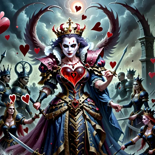 Prompt: In a realm where the cards held court and battles unfolded upon the velvet battlefield, the Queen of Hearts stood as a regal figure with a turbulent spirit. Her presence ignited fervor in her loyal subjects—her men, the mighty soldiers of her crimson domain.
With a gaze that could melt steel and a heart that beat thunder into the very ground they tread, she commanded her troops like a tempest unleashed. Each man embodied her unyielding will. As swords clashed and footsteps thundered, the Queen's call to arms echoed, stirring her men into a frenzy of unwavering loyalty.
Amidst the chaos, her soldiers surged forth, a symphony of controlled chaos. Hearts blazing like infernos, they tore through enemy lines with swift, merciless actions. Eyes met their merciless blades as they advanced, a whirlwind of crimson and steel, gouging the very essence of opposition.
At the storm's heart, the Queen of Hearts stood, a vision of sovereignty and power. She orchestrated the brutal ballet of war with a grace belying the surrounding chaos. Her presence was feared and revered—a beacon of unwavering resolve.
In that moment, with the clash of arms and battle cries filling the air, the Queen of Hearts reigned supreme. She was a sovereign of unparalleled ferocity and indomitable spirit, leading her men to victory amidst the battlefield's carnage and chaos.
