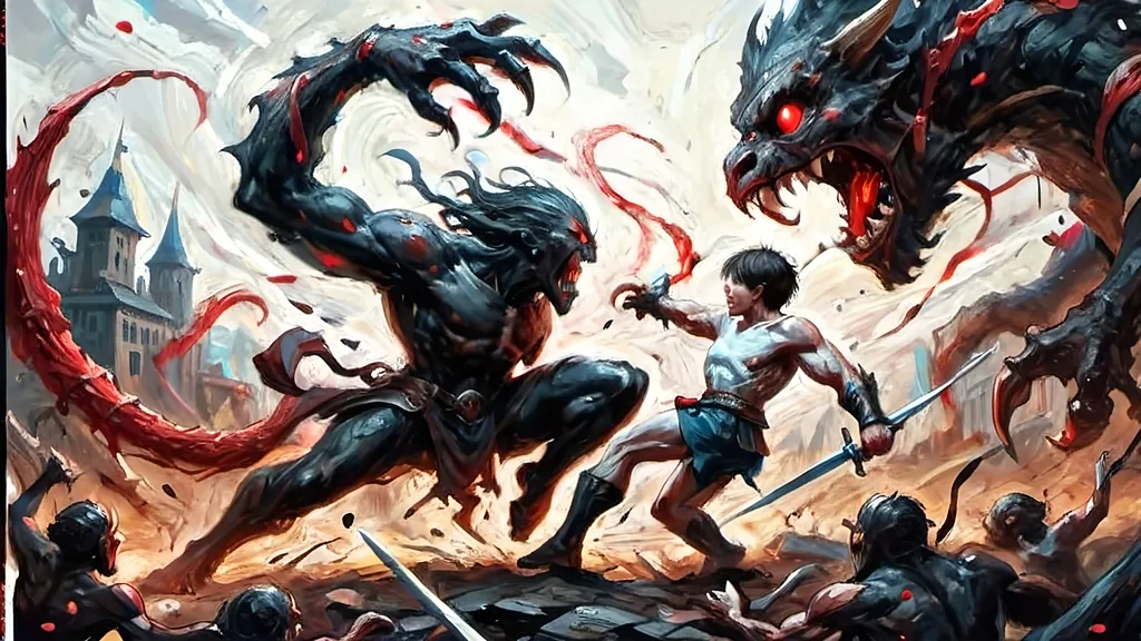 Prompt: A dynamic graphic novel-style scene of a hero battling a colossal monster, using a red, black, and white color palette. The hero is leaping through the air, about to strike the monster. The hero is rendered in stark black with red highlights on their sword and eyes, with white highlights for muscle definition and motion. The colossal monster is menacing, depicted in black with glowing red eyes and wounds, set against a white background. Motion lines in white emphasize the hero's movement, with bold lines and dramatic shadows enhancing the intensity of the battle. High contrast between the colors creates a striking, action-packed image in a bold and vivid style.