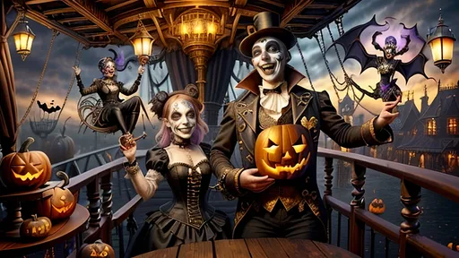 Prompt: Halloween and steampunk fusion scene aboard the mizzen deck of an airship floating in steampunkesque skies during a luciferin-infused dusk, polished brass and antique wood deck with bronze glow, metallic rigging, glowing pistons, intricate steampunk gears, magical translucent luciferin gas, blunderbuss’ muzzle flash, saber’s slash, anthropomorphic 14th-century ghoulish jesters fools dwarves and acrobats in vibrant pastel steampunk costumes, faces painted red, white, and black, laughing emotions, majestic male Halloweenesque character with glowing pocket-sized luciferin hand cannon, youthful ghoulish character in jester costume, devilish youth in pilgrim attire, lavish brunch with Halloween and steampunk decorations, ornate All Hallows' Eve-themed coffee service, carved pumpkins, gothic lanterns, gothic terrace background with spires, dawn light, chiaroscuro lighting for deep contrasts, ethereal dreamlike glow