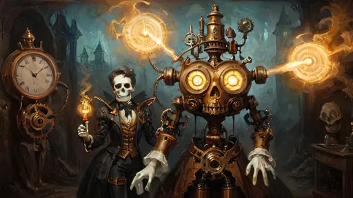 Prompt: Anthropomorphic
Clockwork automaton strides
Copper necropolis

Adorned in vict’ry
Victorian vestments’ grace
Leather and bronze fuse

Pistons whir and hum
Gears in synchronized ballet
Technic heart pulsates

Heroic stance bold
Rifle glistens with bright blaze
Ready for combat

Spectral luminescence
Mists aglow with luciferin
Unseen realms revealed

Ghostly apparitions
Ethereal faces float
Haunted by lost time

Mechanical age
Steampunk vistas come alive
Gossamer threads gleam

Phantasmagoric
Silver, gold accents dazzle
Opulent yet grim

Soft focus descends
Gradients of dreamlike hues
Mystic ambiance

Backlit halo’s glow
Silhouettes of ethereal
Enchantment’s embrace