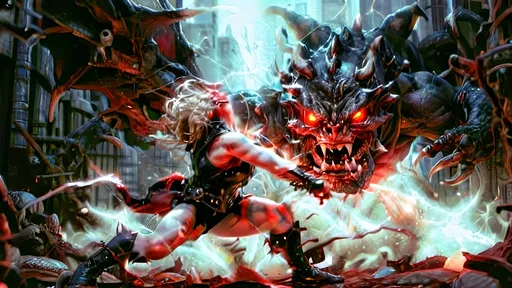 Prompt: A dynamic graphic novel-style scene of a hero battling a colossal monster, using a red, black, and white color palette. The hero is leaping through the air, about to strike the monster. The hero is rendered in stark black with red highlights on their sword and eyes, with white highlights for muscle definition and motion. The colossal monster is menacing, depicted in black with glowing red eyes and wounds, set against a white background. Motion lines in white emphasize the hero's movement, with bold lines and dramatic shadows enhancing the intensity of the battle. High contrast between the colors creates a striking, action-packed image in a bold and vivid style.