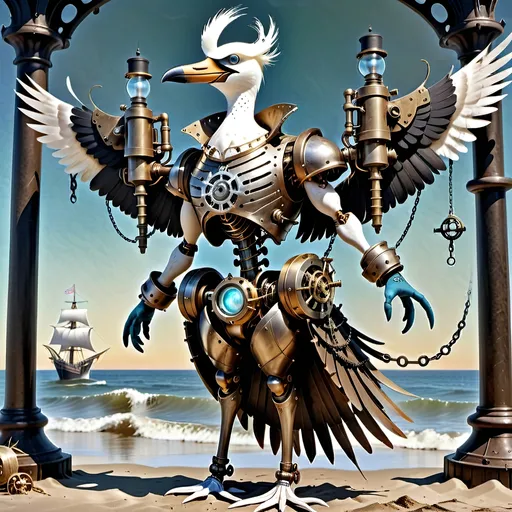 Prompt: Anthropomorphic 
Steampunkesque technology
Muscle bound seabird
---

Under morning sun,  
Seabird graces storied sands—  
Resplendent in form.

---

Elongated legs,  
Supple reeds in zephyrs’ dance—  
Sea's vast embrace calls.

---

Mischief in his eyes,  
Beachgoers’ toil unnoticed—  
Avian voyager.

---

Plumage tousled light,  
Saline breezes bring solace—  
Waves chant his essence.

---

Choreographed grace,  
Wings unfurled in ocean's song—  
Maestro of the shore.

---

Day's vibrant tableau,  
Delights of beachside revels—  
Laughter and salt tang.

---

Fellowship in skies,  
Airborne kin cavort above—  
Cerulean bond.

---

Muscle Beach's arena,  
For robust and brawny strength—  
Whimsical proscenium.

---

Stilts' realm of splendor,  
Statuesque limbs embrace waves—  
Effervescent spirit.
