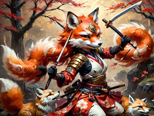 Prompt: Depict Cherry Kitsune, a graceful and fierce anthropomorphic fox warrior. She moves with fluidity and precision, wielding a traditional Japanese naginata. Her armor, detailed with copper and brass, blends Edo-period aesthetics with steampunk elements. The scene is illuminated by multicolor luciferin gradients, creating an ethereal glow in a Japanese dojo or battlefield."
- Style and Mood Tags: Cinematic lighting, fluid movement, traditional Japanese art style, ethereal glow, steampunk fusion