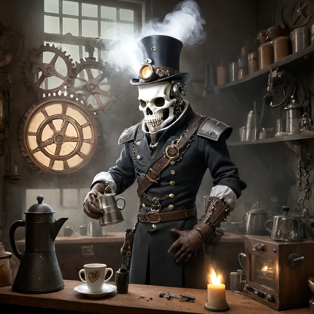 Prompt: In a realm where shadows swirl like tendrils of forgotten tales, a figure stands tall amidst the clatter of machinery and the whisper of steam. This figure is not of battles and realms, but of coffee and dreams. Enter our hero, not with sword in hand but with a steaming carafe, a barista of finesse and a steampunkesque coffeemaker that hums with mechanical precision.
In this surreal tapestry of bones and gears, where the aroma of freshly ground beans mingles with the scent of aged metal, the hero weaves a tale not of conquest, but of creation. With each carefully crafted cup, each swirl of tastefully engineered foam, the hero challenges not the throne, but the very essence of tradition and innovation.
Picture this scene: an ornate coffee carafe, adorned with intricate engravings that tell stories of old, a steaming styled foam rising like the curls of forgotten whispers, and a barista whose hands move with the grace of a master artisan. As the hero brews a blend that transcends time and taste, he becomes a catalyst for change in a world where coffee is not just a drink, but a symbol of unity and progress.
So, amidst this steampunkesque backdrop of clinking chains and whirring cogs, our hero stands not as a warrior, but as a champion of caffeinated dreams, ready to stir hearts and awaken minds to the possibilities that lie beyond the realm of bones and machinery. In this tale of triumph and transformation, the hero's destiny is not to conquer, but to inspire a new era where the art of coffee-making is as revered as the most epic of legends.