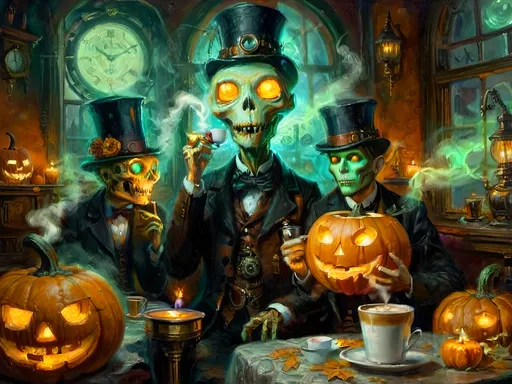 Prompt: A steampunk anthropomorphic alien hosting a midnight coffee party, set under the glowing gaze of hovering jack-o’-lanterns, enveloped in ethereal steam. The scene merges Victorian elegance with mechanical ingenuity, where ghostly guests with spectral visages sip coffee from brass cups. Flickering shadows are cast by distant ruins, and glowing mist curls at the guests' feet. The sound of unseen gears ticking rhythmically fills the air, creating an eerie yet refined atmosphere. The overall scene is a surreal tableau, blending tradition with futuristic artistry, where every element tells a story, from the steampunk decorations to the glowing jack-o’-lanterns, combining Halloween and steampunk aesthetics in a dreamlike setting.