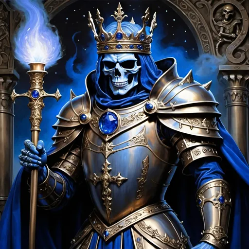 Prompt: In the battlefield's grim and fateful hour,  
The king, in dire straits, donned with runic might,  
His breastplate, a cobalt blue luciferin power,  
Glowing trompe l'oeil, radiating in the night.
Bronze and copper accouterments adorned,  
Reflecting his ethereal ethereal hue,  
A king, in soulful gaze, his fate forewarned,  
For in battle's dance, his destiny he'll pursue.

Steaming brass machine,
Latte swirls in artful froth,
Castle's walls at dusk.
 Milk dances in cup,
Gothic battlements aglow,
Twilight's warm embrace.
Brass and metal gleam,
Enchanted castle at dusk,
Latte artistry.

Amidst the fray, enchanted by his spell,  
Bewitched daemon imps arise,  
Their presence in the battle does compel,  
A dynamic clash beneath the darkening skies.
In fierce interaction with these spectral beings,  
The king's strength and valor put to test,  
His spirit, a beacon in the chaos it brings,  
In a realm where courage and fate manifest.
With each movement, a narrative unfolds,  
As anthropomorphic characters align,  
In the king's story, where destiny molds,  
A saga of bravery and honor intertwined.
Through the clash of forces, light and dark,  
The king's presence shines in cobalt blue,  
A soulful citation in battle's stark embark,  
A monarch in bronze and copper, true.
In this tapestry of conflict and strife,  
Where skeletal imps and warriors entwine,  
The king, in his regal essence rife,  
Embodies a legacy, steadfast and divine.
