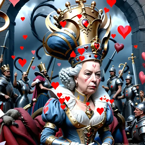 Prompt: In a realm where the cards held court and battles unfolded upon the velvet battlefield, the Queen of Hearts stood as a regal figure with a turbulent spirit. Her presence ignited fervor in her loyal subjects—her men, the mighty soldiers of her crimson domain.
With a gaze that could melt steel and a heart that beat thunder into the very ground they tread, she commanded her troops like a tempest unleashed. Each man embodied her unyielding will. As swords clashed and footsteps thundered, the Queen's call to arms echoed, stirring her men into a frenzy of unwavering loyalty.
Amidst the chaos, her soldiers surged forth, a symphony of controlled chaos. Hearts blazing like infernos, they tore through enemy lines with swift, merciless actions. Eyes met their merciless blades as they advanced, a whirlwind of crimson and steel, gouging the very essence of opposition.
At the storm's heart, the Queen of Hearts stood, a vision of sovereignty and power. She orchestrated the brutal ballet of war with a grace belying the surrounding chaos. Her presence was feared and revered—a beacon of unwavering resolve.
In that moment, with the clash of arms and battle cries filling the air, the Queen of Hearts reigned supreme. She was a sovereign of unparalleled ferocity and indomitable spirit, leading her men to victory amidst the battlefield's carnage and chaos.
