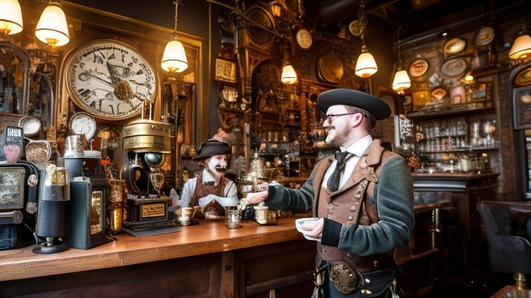 Prompt: A cozy steampunk coffee shop under the soft morning light, featuring Leo Brasspaw and his son Zephyr as baristas. Leo, an anthropomorphic lion dressed in stylish steampunk attire with brass details, confidently prepares coffee with elegance and pride. Zephyr, mirroring his father's adventurous spirit, assists behind the counter, dressed in matching steampunk clothing, handling an oversized coffee press with youthful enthusiasm. Around them, customers relax at ornate tables, enjoying their drinks in a warm, lively atmosphere. The decor features brass accents, intricate gears, and warm wooden tones, with soft steam rising from various coffee machines. Nearby, jesters provide live entertainment, juggling steam-powered trinkets and performing whimsical acts to bring joy to the patrons. The scene captures a blend of morning charm, steampunk style, and a playful, welcoming vibe.