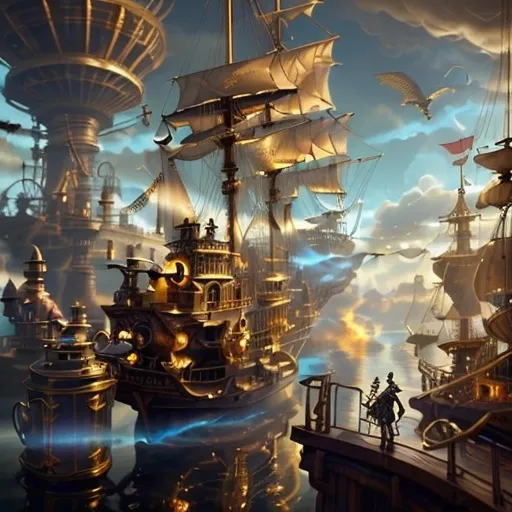 Prompt: A serene scene with glowing motifs and an otherworldly effect, rendered in the style of fountain pen ink, inspired by steampunkesque luciferin powered and illustrated. The scene depicts an exultant dawn breaking with a lucent glow anointing the sky. A pirate ship known as 'fools’ airborne vessel' ascends in a steampunk reverie, with clockwork jesters frolicking near a Rube Goldberg coffee device on deck. Soft gradients blend acrylic colors of bronze, baby blues, and gold, as the airship’s spectral hues glow. Luciferin light and translucent magic weave through the air with ethereal mist. Pistons hum in sync as gears and cogs glide in motion, demonstrating machination’s grace. Lens flares gently bloom, and expansive light shapes the scene, with softly glowing edges. Phong shading gives a touch of realism within the dreamlike haze, while soft blurs and ample negative space breathe life into the scene. Metallic whispers of gold add a sense of luxury as the ship sails through the dreaming steampunk sky, with fools in dawn’s embrace.Chiaroscuro effecits