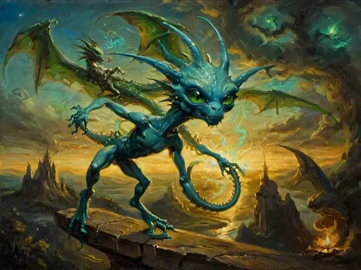 Prompt: Sophisticated scene with an anthropomorphic alien figure, ethereal and unnervingly graceful, gliding through, extra-jointed limbs,  Dragon’s Blunderbuss with mystical blue-green luciferin energy deliberate and artful interactions, poised, effortless authority, showcasing a world where art, magic, and machinery converge with savoir-faire.