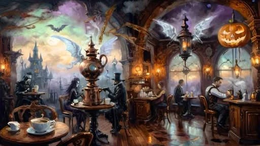 Prompt: An ethereal steampunk coffee bistro in the clouds at twilight, with angels and celestial figures serving coffee. Patrons bustling.  The bistro is adorned with mechanical steampunk elements like antique bronze and copper gradients, along with silver and gold accents. The atmosphere is dreamlike and heavenly, with Halloween elements such as glowing jack-o’-lanterns, phantoms, and eerie Victorian attire. Gothic spires and shadowy ruins appear in the misty landscape, illuminated by stark chiaroscuro lighting. Eerie mists glow in shades of brown, purple, and green, while ornate brass carafes steam with celestial coffee. Angels with shimmering wings and macabre expressions serve patrons under a sky painted in lavender and soft blues. The flooring is made of glowing clouds, and the bistro furniture is airy and translucent, creating a haunting yet serene ambiance.