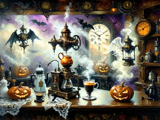 Prompt: ethereal steampunkesque coffee bistro in the clouds with angels and celestials, dreamlike atmosphere with mechanical steampunk elements, antique bronze, copper gradients, silver and gold accents. The space is heavenly and dreamlike, filled with Halloween elements like jack-o’-lanterns, phantoms, eerie Victorian attire, and a gothic twist. There are shadowy ruins and misty landscapes under stark chiaroscuro lighting, with eerie mists glowing in shades of brown, purple, and green. Celestial beings in fun macabre Victorian attire with ornate brass coffee makers and carafes add to the scene's whimsical yet haunting atmosphere.