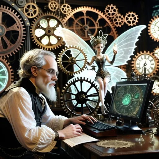 Prompt: A steampunk scene set in the 19th century featuring a philosopher at a desk surrounded by intricate gears, cogs, and pistons. The philosopher, resembling Epictetus, is deeply focused on a computer screen displaying an ethereal fairy composed of glowing, translucent digital patterns. The fairy, named Absinthea, has delicate, semi-transparent wings and is illuminated by soft, pastel colors such as baby blues, antique bronze, and copper gradients. The scene is bathed in a soft, ethereal light, with lens flares and glowing edges around the fairy, creating a dreamlike atmosphere. The philosopher’s study is lit by gaslight, with brass and leather accents, and the light casts soft shadows, emphasizing the contrast between the mechanical world of the philosopher and the otherworldly presence of the fairy. The entire scene blends the tangible steampunk elements with the digital, ethereal form of the fairy, creating a harmonious yet contrasting visual composition.