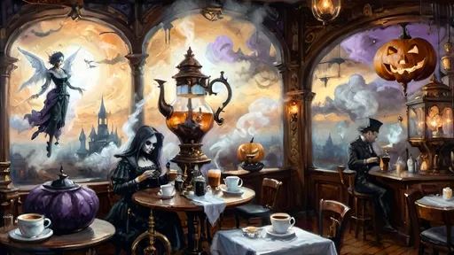 Prompt: An ethereal steampunk coffee bistro in the clouds at twilight, with angels and celestial figures serving coffee. Patrons bustling.  The bistro is adorned with mechanical steampunk elements like antique bronze and copper gradients, along with silver and gold accents. The atmosphere is dreamlike and heavenly, with Halloween elements such as glowing jack-o’-lanterns, phantoms, and eerie Victorian attire. Gothic spires and shadowy ruins appear in the misty landscape, illuminated by stark chiaroscuro lighting. Eerie mists glow in shades of brown, purple, and green, while ornate brass carafes steam with celestial coffee. Angels with shimmering wings and macabre expressions serve patrons under a sky painted in lavender and soft blues. The flooring is made of glowing clouds, and the bistro furniture is airy and translucent, creating a haunting yet serene ambiance.