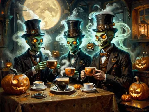 Prompt: A steampunk anthropomorphic alien hosting a midnight coffee party, set under the glowing gaze of hovering jack-o’-lanterns, enveloped in ethereal steam. The scene merges Victorian elegance with mechanical ingenuity, where ghostly guests with spectral visages sip coffee from brass cups. Flickering shadows are cast by distant ruins, and glowing mist curls at the guests' feet. The sound of unseen gears ticking rhythmically fills the air, creating an eerie yet refined atmosphere. The overall scene is a surreal tableau, blending tradition with futuristic artistry, where every element tells a story, from the steampunk decorations to the glowing jack-o’-lanterns, combining Halloween and steampunk aesthetics in a dreamlike setting.