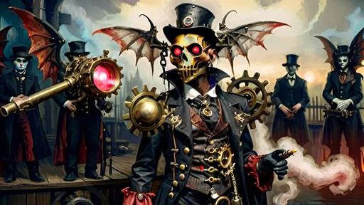 Prompt: Anthropomorphic
Dhampir technologically
Steampunkesque, sentient
Dhampir stalks dynamic
luciferin colorful
Blunderbuss muzzle flashes
eschatologically
Twilight Dhampirs rise,
Menace veiled in shadowed guise,
Gothic brass attire.
Red eyes ominous,
Faces draped in dark intent,
Fangs gleam in dim night.
Wings of metal spread,
Vocalist’s eldritch command,
Haunted notes unfurl.
Gears in twilight's grip,
Fog and rot cloak rusted cogs,
Machinery looms.
Blood-red sky above,
Sinister shadows dance close,
Crowd in hushed terror.