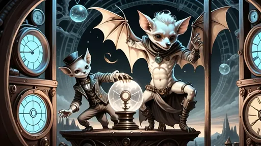 Prompt: Within arcane realms,  
Anthropomorphic bat-bodied figures glide,  
Unfurled wings sweeping through twilight skies.  
In the heart of the commune, amidst steampunk wonders,  
Three skeletal bat boys embark on a daring adventure.
Clutching a crystal ball with bat hands
Its vivid world encapsulated within,  
A steampunk elder reflects,  
Embracing the ethereal with knowing eyes.  
Trompe L'oeil’s whispered spell,  
Warlock's alchemy, and ancient intrigues guide them. Prehensile devil fleshy arrowhead shaped tail tips
Luciferin hues dance in the air,  
Psychedelic flames casting an otherworldly glow,  
Smoke weaving mystical tales of yore.  
The boys, undeterred, stop and have full steampunk coffee service, milk art coffee break,  move forward,  
Their high-top sneakers, a blend of leather and copper,  
Pounding the rugged terrain with determined strides.
Amidst the expansive panorama,  
Nature's flame essence glows,  
Revealing the fantasy world unfolding.  
Each step brings new perils,  
Each flutter of their wings a brush with fate.
High above, the stars bear silent witness,  
To their bravery and camaraderie,  
In the face of overwhelming odds.  
Bound by duty and a brotherhood unspoken,  
They carve their path through the heart of the commune,  
Their journey just beginning in this steampunked twilight.
With enhanced fingers tracing ancient maps,  
Expressive eyes searching for the next clue,  
They press forward into the unknown,  
Their bond a beacon in a world fraught with danger.  
Through the shimmering veil of smoke and flame,  
The adventure of three bat boys,  
Against all odds,  
Continues into the night.