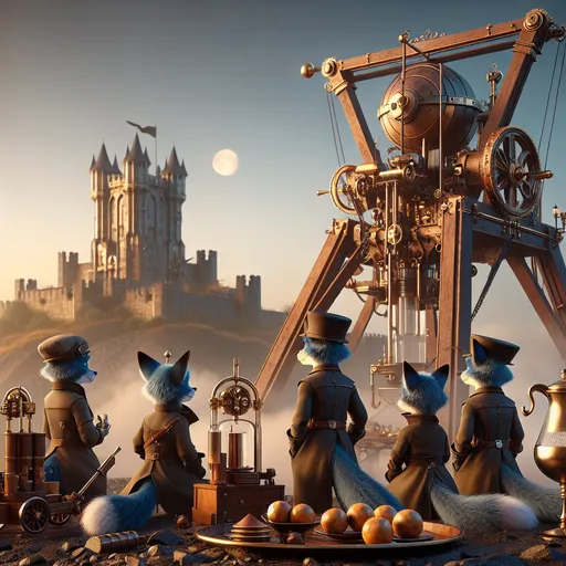 Prompt: {
  "prompt": "Illustrate a steampunk and gothic scene at dawn with an epic trebuchet and four anthropomorphic blue fox adventurers. The setting includes a dark, steampunk landscape with Dracula's fortress on a distant hill. Highlight the trebuchet with steampunk designs. Characters: Sebastian (leader), Alistair (sharpshooter), Finnegan (engineer), Cedric (medic). Include a coffee break with a steampunk coffee maker, carafe, and krumpets. Use dawn light to highlight details and create a dark, adventurous mood."
}