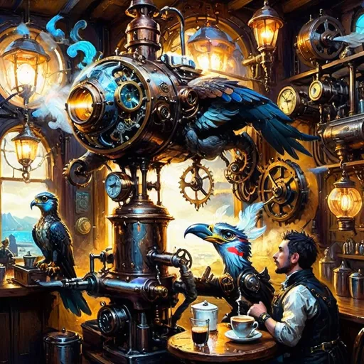 Prompt: A richly detailed steampunk café scene featuring an anthropomorphic falcon barista named Falco. He works with mechanical precision, his deep brown and copper feathers shimmering under brass chandeliers as he pulls espresso shots from a vintage steam-powered coffee machine. The café is adorned with polished brass gears, pistons, and intricate copper elements. Lanterns cast glowing light, creating dynamic shadows and highlights in a chiaroscuro effect. Patrons, a mix of sky sailors and inventors, gather on the balcony, enjoying lattes with intricate airship designs in the foam. The scene is filled with vibrant colors, atmospheric depth, and delicate surreal elements such as glowing steam and ethereal lantern halos. The mood is a harmonious blend of fantasy and steampunk, capturing the imagination with its vivid details and warm lighting.