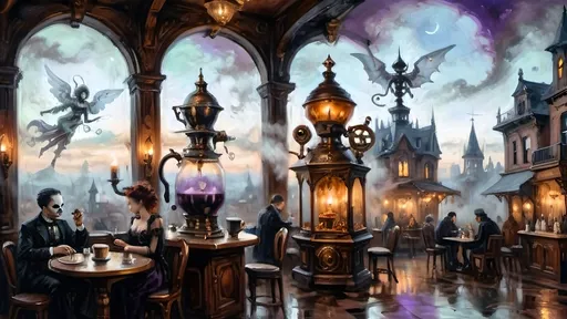 Prompt: An ethereal steampunk coffee bistro in the clouds at twilight, with angels and celestial figures serving coffee. Patrons bustling.  The bistro is adorned with mechanical steampunk elements like antique bronze and copper gradients, along with silver and gold accents. The atmosphere is dreamlike and heavenly, with Halloween elements such as glowing jack-o’-lanterns, phantoms, and eerie Victorian attire. Gothic spires and shadowy ruins appear in the misty landscape, illuminated by stark chiaroscuro lighting. Eerie mists glow in shades of brown, purple, and green, while ornate brass carafes steam with celestial coffee. Angels with shimmering wings and macabre expressions serve patrons under a sky painted in lavender and soft blues. The flooring is made of glowing clouds, and the bistro furniture is airy and translucent, creating a haunting yet serene ambiance.