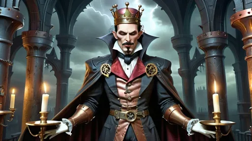 Prompt: In the chilling realm of dark command,  
Anthropomorphic king in siege,  
Golden goblets filled with coffee grand,  
To serve the steampunked league.
Through corridors of dread and fear,  
Where shadows dance with gargoyle's might,  
In gothic gears and enchantments drear,  
The king awaits the coming fight.
His regal cape of crimson hue,  
Amidst the storm and lashing rain,  
Anthropomorphic bats, in crescent swoon,  
Crossbows poised with deadly aim.
Upon the battlements they stand,  
Dracula’s gaze, a chilling sight,  
In steampowered grace, a dark demand,  
His realm aglow with eerie light.
Machinery groans with dark intent,  
Metal entwines with magic's bane,  
As trebuchets in darkness, bent,  
Prepare to breach the domain.
Through the whirling storm they press,  
Defenders tense, the siege at hand,  
In a Gothic tale of dark distress,  
Where steampunk and dread command.
In the clash of bronze and copper gleam,  
Gothic horrors meet the day,  
A macabre symphony, a darkened dream,  
In the realm where shadows play.
So unfolds the king's dark verse,  
Steeped in steampunk's cursed allure,  
Anthropomorphic sovereign's curse,  
In a gothic saga, dread and pure.