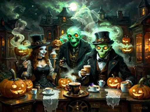 Prompt: A steampunk anthropomorphic alien hosting a midnight coffee party, set under the glowing gaze of hovering jack-o’-lanterns, enveloped in ethereal steam. The scene merges Victorian elegance with mechanical ingenuity, where ghostly guests with spectral visages sip coffee from brass cups. Flickering shadows are cast by distant ruins, and glowing mist curls at the guests' feet. The sound of unseen gears ticking rhythmically fills the air, creating an eerie yet refined atmosphere. The overall scene is a surreal tableau, blending tradition with futuristic artistry, where every element tells a story, from the steampunk decorations to the glowing jack-o’-lanterns, combining Halloween and steampunk aesthetics in a dreamlike setting.