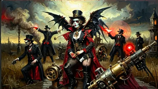 Prompt: Anthropomorphic
Dhampir technologically
Steampunkesque, sentient
Dhampir stalks dynamic
luciferin colorful
Blunderbuss muzzle flashes
eschatologically
Twilight Dhampirs rise,
Menace veiled in shadowed guise,
Gothic brass attire.
Red eyes ominous,
Faces draped in dark intent,
Fangs gleam in dim night.
Wings of metal spread,
Vocalist’s eldritch command,
Haunted notes unfurl.
Gears in twilight's grip,
Fog and rot cloak rusted cogs,
Machinery looms.
Blood-red sky above,
Sinister shadows dance close,
Crowd in hushed terror.