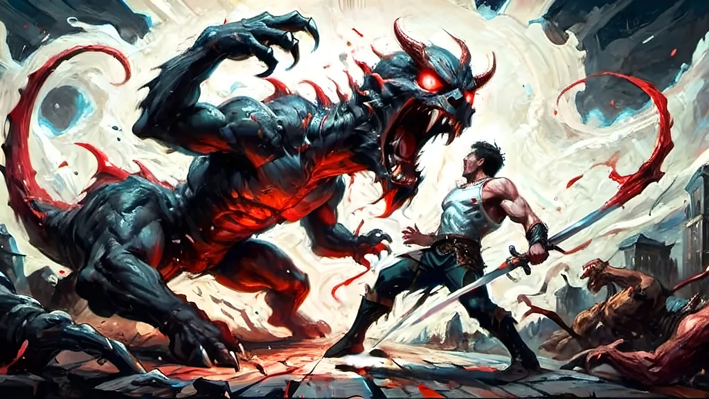 Prompt: A dynamic graphic novel-style scene of a hero battling a colossal monster, using a red, black, and white color palette. The hero is leaping through the air, about to strike the monster. The hero is rendered in stark black with red highlights on their sword and eyes, with white highlights for muscle definition and motion. The colossal monster is menacing, depicted in black with glowing red eyes and wounds, set against a white background. Motion lines in white emphasize the hero's movement, with bold lines and dramatic shadows enhancing the intensity of the battle. High contrast between the colors creates a striking, action-packed image in a bold and vivid style.