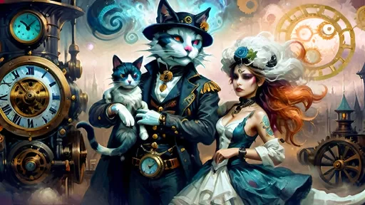 Prompt: In fog's tender grasp
Neo-Victorian streets
Two souls move as one
Warrior in black
Brass gears on alabaster
Eyes sharp as the moon
By her side, a soul
Anthropomorphic guide
Tattooed with the past
He stands resplendent
Colorful hat, white ponytail
Ethereal knight
Funk hues swirl around
Clockwork, gears, and mist combine
Light blooms, shadows dance
Cat with glistening coat
Dances near, a vibrant touch
Whimsy in their quest
In night's soft embrace
Warrior and soul entwined
Dreamlike journey shared