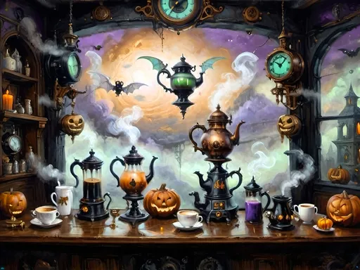 Prompt: ethereal steampunkesque coffee bistro in the clouds with angels and celestials, dreamlike atmosphere with mechanical steampunk elements, antique bronze, copper gradients, silver and gold accents. The space is heavenly and dreamlike, filled with Halloween elements like jack-o’-lanterns, phantoms, eerie Victorian attire, and a gothic twist. There are shadowy ruins and misty landscapes under stark chiaroscuro lighting, with eerie mists glowing in shades of brown, purple, and green. Celestial beings in fun macabre Victorian attire with ornate brass coffee makers and carafes add to the scene's whimsical yet haunting atmosphere.