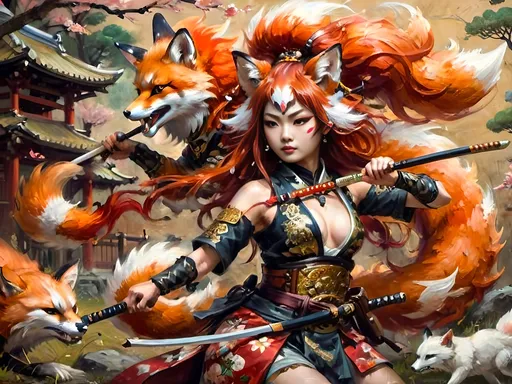 Prompt: Depict Cherry Kitsune, a graceful and fierce anthropomorphic fox warrior. She moves with fluidity and precision, wielding a traditional Japanese naginata. Her armor, detailed with copper and brass, blends Edo-period aesthetics with steampunk elements. The scene is illuminated by multicolor luciferin gradients, creating an ethereal glow in a Japanese dojo or battlefield."
- Style and Mood Tags: Cinematic lighting, fluid movement, traditional Japanese art style, ethereal glow, steampunk fusion