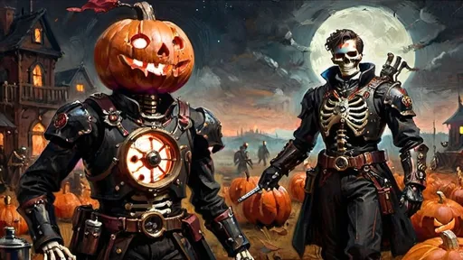 Prompt: A dynamic steampunk-themed battle camp scene at dawn. In the foreground, an Italian ghoul prince stands in mid-action, adorned in black armor with red highlights. His eyes glow vividly red, radiating power as he wields a rapier and a blunderbuss, ready for battle. Opposite him is a menacing automaton guard with stark black armor and glowing red goggles, accented with white highlights. The background features a velvety black night sky, merging with the reddish dawn light that casts an eerie glow over the camp. Brass chimneys and rotating gears surround tents, with steam rising to add a dreamlike atmosphere. In the vicinity, a military coffee barista operates a steam-powered coffee machine, adding layers of activity and steampunk detail. Skeleton soldiers with mechanical enhancements are scattered around, with carved pumpkins emitting a warm, orange glow. The overall scene uses chiaroscuro lighting to dramatize the steam and industrial elements, creating a visually striking and immersive tableau.