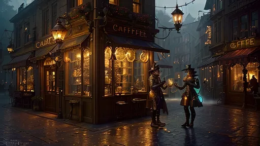 Prompt: A steampunk fantasy market square at dawn, filled with the warm glow of gaslight from antique lanterns casting soft light on cobblestone streets and shopfronts. The air is thick with mist and steam, creating an ethereal atmosphere. In the center stands 'Drag’n Mondays,' a coffee bistro adorned with ornate bronze and copper gears and pipes. Inside, antique carafes glisten in the early light. Felix, wearing a leather vest and brass-tinted Doc Martens, adjusts his brass goggles, glowing softly in the gaslight. Above, a translucent blue and copper spectral dragon hovers gracefully, breathing glowing mist as it serves coffee. Bioluminescent luciferin flowers dot the square, their soft glow mixing with pastel mists and warm hues. The scene is bathed in chiaroscuro lighting, creating dreamy depth and a magical, harmonious blend of fantasy and steampunk.