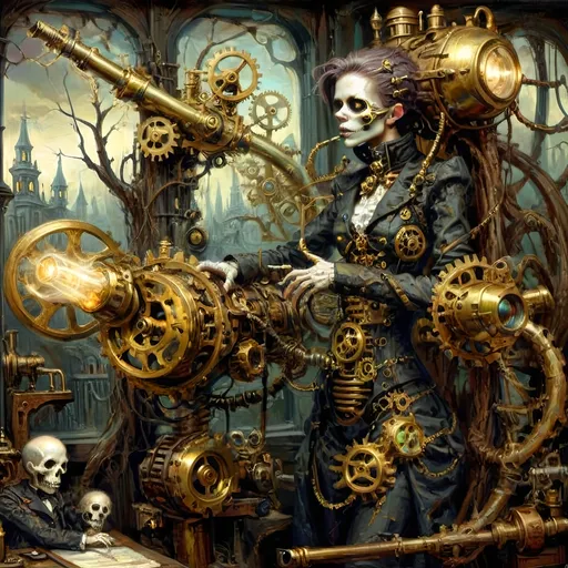 Prompt: Anthropomorphic
Sentient technological
Steampunkesque, ghoulish
In eldritch machine
Gears entwined with bone do creak
Specter of brass reigns
Blunderbuss of dread
Phosphorescent gleam ignites
Sinister light glows
Gothic spires crumble
Smoggy tendrils coil in gloom
Clockwork mists enshroud
Ethereal brass forests
Steam hums through shadows
Lanterns cast divine
Machinery’s holy light
Hope mingles with dread
Victorian cogs
Clash with demonic gears
Salvation’s struggle
Wings of copper gleam
Reach towards celestial brass
Figures in conflict
Steam-driven phantoms
Eyes aglow in iron mist
Haunt faded visions
Metal trees twist, writhe
Surreal grotesques dance, contort
Symbols darkly gleam
Mesmeric tableau
Serenity meets the void
Steampunk’s haunted grace
Warm brass kisses cold
Ominous steel’s embrace tight
Worlds in balance hang
Salvation, perdition
Machined, organic entwine
Sinisterly Gleam
Celestial gears turn
In limbo’s ethereal haze
Forests breathe in steam