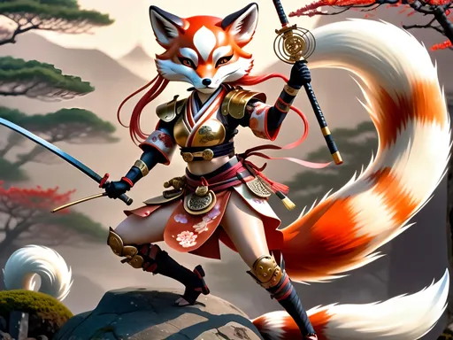 Prompt: Depict Cherry Kitsune, a graceful and fierce anthropomorphic fox warrior. She moves with fluidity and precision, wielding a traditional Japanese naginata. Her armor, detailed with copper and brass, blends Edo-period aesthetics with steampunk elements. The scene is illuminated by multicolor luciferin gradients, creating an ethereal glow in a Japanese dojo or battlefield."
- Style and Mood Tags: Cinematic lighting, fluid movement, traditional Japanese art style, ethereal glow, steampunk fusion