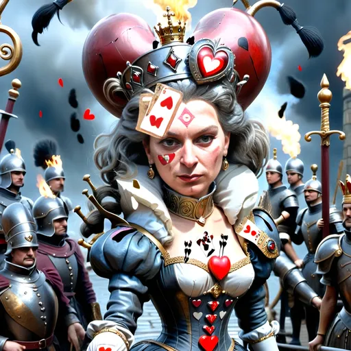 Prompt: In a realm where the cards held court and battles unfolded upon the velvet battlefield, the Queen of Hearts stood as a regal figure with a turbulent spirit. Her presence ignited fervor in her loyal subjects—her men, the mighty soldiers of her crimson domain.
With a gaze that could melt steel and a heart that beat thunder into the very ground they tread, she commanded her troops like a tempest unleashed. Each man embodied her unyielding will. As swords clashed and footsteps thundered, the Queen's call to arms echoed, stirring her men into a frenzy of unwavering loyalty.
Amidst the chaos, her soldiers surged forth, a symphony of controlled chaos. Hearts blazing like infernos, they tore through enemy lines with swift, merciless actions. Eyes met their merciless blades as they advanced, a whirlwind of crimson and steel, gouging the very essence of opposition.
At the storm's heart, the Queen of Hearts stood, a vision of sovereignty and power. She orchestrated the brutal ballet of war with a grace belying the surrounding chaos. Her presence was feared and revered—a beacon of unwavering resolve.
In that moment, with the clash of arms and battle cries filling the air, the Queen of Hearts reigned supreme. She was a sovereign of unparalleled ferocity and indomitable spirit, leading her men to victory amidst the battlefield's carnage and chaos.
