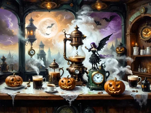 Prompt: ethereal steampunkesque coffee bistro in the clouds with angels and celestials, dreamlike atmosphere with mechanical steampunk elements, antique bronze, copper gradients, silver and gold accents. The space is heavenly and dreamlike, filled with Halloween elements like jack-o’-lanterns, phantoms, eerie Victorian attire, and a gothic twist. There are shadowy ruins and misty landscapes under stark chiaroscuro lighting, with eerie mists glowing in shades of brown, purple, and green. Celestial beings in fun macabre Victorian attire with ornate brass coffee makers and carafes add to the scene's whimsical yet haunting atmosphere.