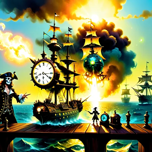 Prompt: A serene scene with glowing motifs and an otherworldly effect, rendered in the style of fountain pen ink, inspired by steampunkesque luciferin powered and illustrated. The scene depicts an exultant dawn breaking with a lucent glow anointing the sky. A pirate ship known as 'fools’ airborne vessel' ascends in a steampunk reverie, with clockwork jesters frolicking near a Rube Goldberg coffee device on deck. Soft gradients blend acrylic colors of bronze, baby blues, and gold, as the airship’s spectral hues glow. Luciferin light and translucent magic weave through the air with ethereal mist. Pistons hum in sync as gears and cogs glide in motion, demonstrating machination’s grace. Lens flares gently bloom, and expansive light shapes the scene, with softly glowing edges. Phong shading gives a touch of realism within the dreamlike haze, while soft blurs and ample negative space breathe life into the scene. Metallic whispers of gold add a sense of luxury as the ship sails through the dreaming steampunk sky, with fools in dawn’s embrace.Chiaroscuro effecits