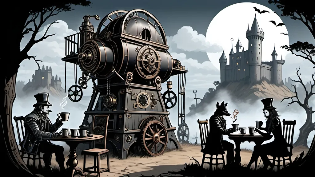 Prompt: Illustrate a dramatic steampunkesque and gothic scene Incorporating a table view dawn coffee break where the characters are enjoying along with crumpets featuring an epic trebuchet and four anthropomorphic blue fox adventurers at dawn. The setting is a dark, shadowed landscape with Dracula's fortress looming ominously in the distance. 

The scene includes:
- **Sebastian:** The sage leader, exuding wisdom and confidence.
- **Alistair:** The sharpshooter, holding a steampunk-style rifle.
- **Finnegan:** The inquisitive engineer, tinkering with the trebuchet mechanisms.
- **Cedric:** The calm medic, ready with a medical kit.

Incorporate a dawn coffee break where the characters are enjoying coffee with an ornately designed steampunkesque mechanical coffee maker and an exquisite carafe, along with crumpets.

The mood is suspenseful, heroic, and atmospheric, blending steampunkesque ingenuity with gothic horror elements. The trebuchet is the focal point, appearing three-dimensional and intricately detailed. The background features towering battlements, ancient castle walls, and eerie atmospheric elements like bizarre bats and shadowy landscapes.

The overall tone should be dark and adventurous, with detailed textures such as rusted metal, worn wood, and fur. The lighting should highlight the glimmering steampunk machinery, the dawn light, and the tense expressions of the characters, creating a cohesive and visually stunning scene."
