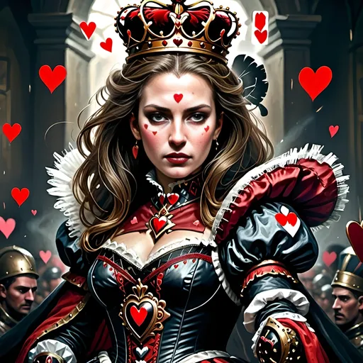 Prompt: In a realm where the cards held court and battles unfolded upon the velvet battlefield, there stood the Queen of Hearts, a regal figure with a turbulent spirit that ignited fervor in her loyal subjects – her men, the mighty soldiers of her crimson domain.
With a gaze that could melt steel and a heart that beat thunder into the very ground they tread, she commanded her troops like a tempest unleashed, each man an embodiment of her unyielding will. As the clash of swords and the thunder of footsteps filled the air, the Queen's call to arms echoed across the lands, stirring her men into a frenzy of unwavering loyalty.
Amidst the chaos of the battlefield, her men rushed forth, their movements a symphony of controlled chaos. With hearts blazing like infernos, they tore through the enemy lines, their actions swift and merciless. Eyes met their merciless blades as they surged forward, a whirlwind of crimson and steel, gouging out the very essence of opposition before them.
And there, at the heart of the tumultuous storm she had summoned, the Queen of Hearts stood, a vision of sovereignty and power, orchestrating the brutal ballet of war with a grace that belied the chaos around her. Her presence was both feared and revered, a beacon of unwavering resolve that fueled her men's frenzy and struck dread into the hearts of her foes.
In that moment, as the clash of arms and the cries of battle filled the air, the Queen of Hearts reigned supreme, a sovereign of unparalleled ferocity and indomitable spirit, leading her men to victory amidst the carnage and chaos of the battlefield.