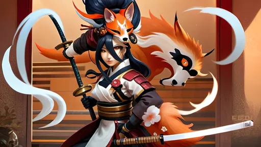 Prompt: Depict Cherry Kitsune, a graceful and fierce anthropomorphic fox warrior. She moves with fluidity and precision, wielding a traditional Japanese naginata. Her armor, detailed with copper and brass, blends Edo-period aesthetics with steampunk elements. The scene is illuminated by multicolor luciferin gradients, creating an ethereal glow in a Japanese dojo or battlefield."
- Style and Mood Tags: Cinematic lighting, fluid movement, traditional Japanese art style, ethereal glow, steampunk fusion