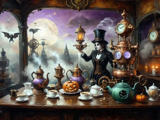 Prompt: ethereal steampunkesque coffee bistro in the clouds with angels and celestials, dreamlike atmosphere with mechanical steampunk elements, antique bronze, copper gradients, silver and gold accents. The space is heavenly and dreamlike, filled with Halloween elements like jack-o’-lanterns, phantoms, eerie Victorian attire, and a gothic twist. There are shadowy ruins and misty landscapes under stark chiaroscuro lighting, with eerie mists glowing in shades of brown, purple, and green. Celestial beings in fun macabre Victorian attire with ornate brass coffee makers and carafes add to the scene's whimsical yet haunting atmosphere.